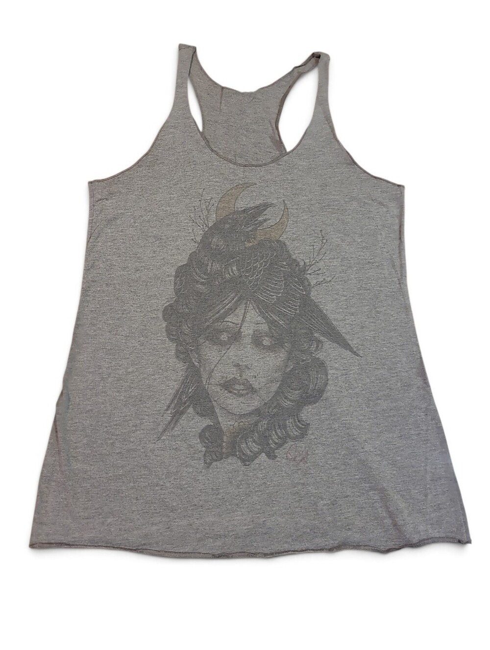 Women's Neo Traditional Tattoo Design Tank Top Large Girl Head With Crow Grey